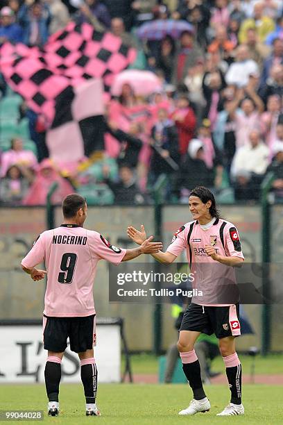 Edinson Cavani of Palermo celebrates after his goal with his team mate Antonio Nocerino during the Serie A match between Siena and Palermo at Stadio...