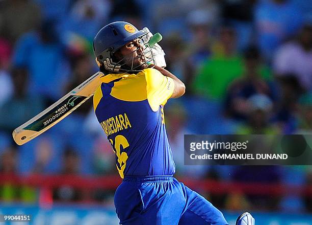 Sri Lankan batsman Chamara Kapugedara plays a shot during the ICC World Twenty20 Super Eight match between India and Sri Lanka at the Beausejour...