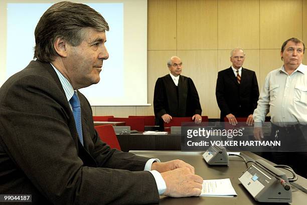 Deutsche Bank CEO Josef Ackermann waits at court on May 12, 2010 in Duesseldorf, where he appears as a witness in affair about German business lender...