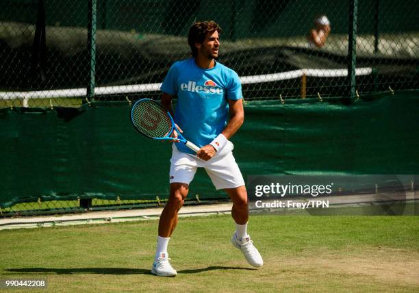 Feliciano Lopez of Spain practices before the start of the Championships at the All England Tennis and Croquet Club in Wimbledon on July 1, 2018 in...