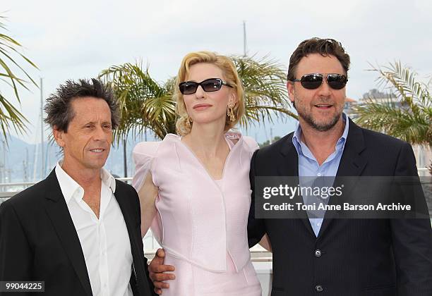 Producer Brian Grazer, actress Cate Blanchett and actor Russell Crowe attend the 'Robin Hood' Photocall held at the Palais Des Festivals during the...