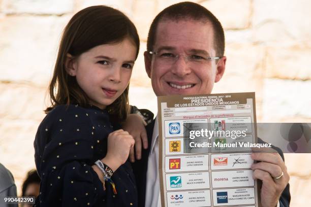 Ricardo Anaya , Presidential Candidate for the coalition 'Por Mexico al Frente', shows his ballot at his polling station as part of the Mexico 2018...