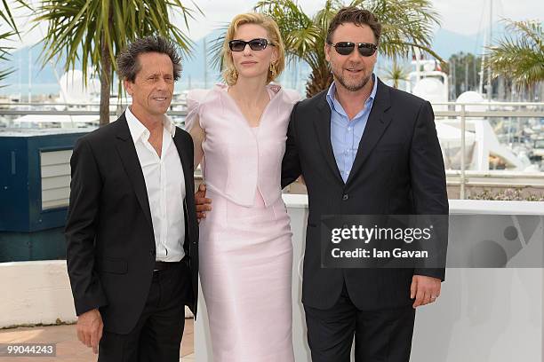 Producer Brian Grazer, actress Cate Blanchett and actor Russell Crowe attend the "Robin Hood" Photocall at the Palais des Festivals during the 63rd...