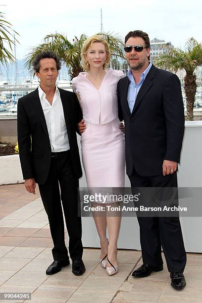 Producer Brian Grazer, actress Cate Blanchett and actor Russell Crowe attend the 'Robin Hood' Photocall held at the Palais Des Festivals during the...