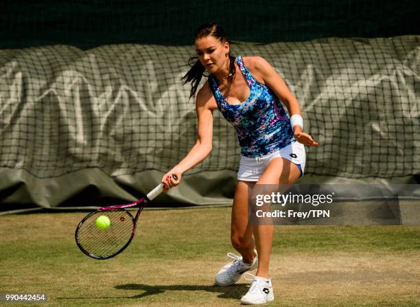 Agnieszka Radwanska of Poland practices before the start of the Championships at the All England Tennis and Croquet Club in Wimbledon on July 1, 2018...