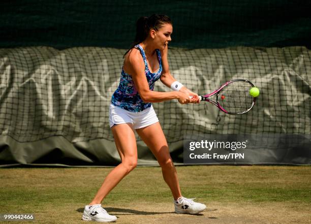 Agnieszka Radwanska of Poland practices before the start of the Championships at the All England Tennis and Croquet Club in Wimbledon on July 1, 2018...