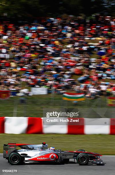 Jenson Button of Great Britain and McLaren Mercedes is seen during the Spanish Formula One Grand Prix at the Circuit de Catalunya on May 9, 2010 in...