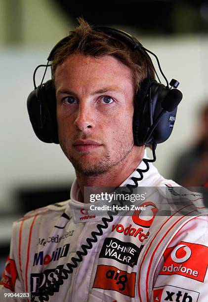 Jenson Button of Great Britain and McLaren Mercedes is seen during the Spanish Formula One Grand Prix at the Circuit de Catalunya on May 9, 2010 in...