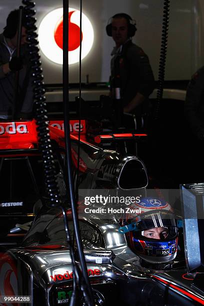 Jenson Button of Great Britain and McLaren Mercedes is seen during the Spanish Formula One Grand Prix at the Circuit de Catalunya on May 9, 2010 in...