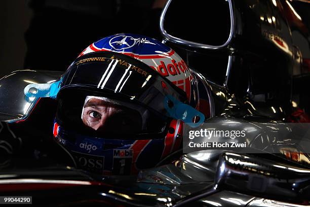 Jenson Button of Great Britain and McLaren Mercedes is seen during the Spanish Formula One Grand Prix at the Circuit de Catalunya on May 9, 2010 in...