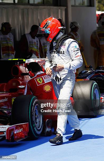 Michael Schumacher of Germany and Mercedes GP is seen during the Spanish Formula One Grand Prix at the Circuit de Catalunya on May 9, 2010 in...