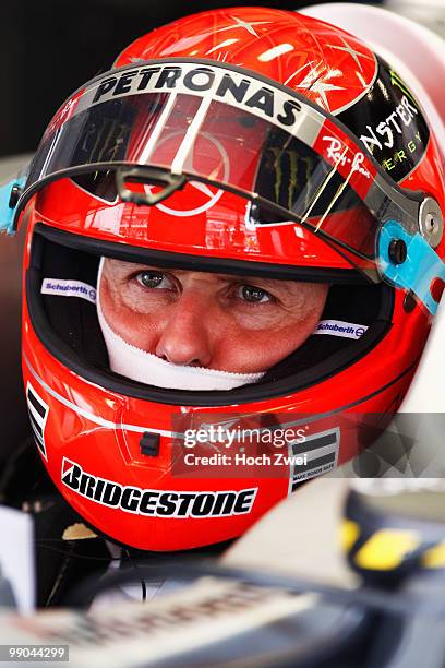 Michael Schumacher of Germany and Mercedes GP is seen during the Spanish Formula One Grand Prix at the Circuit de Catalunya on May 9, 2010 in...