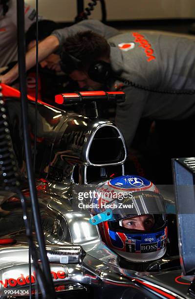 Jenson Button of Great Britain and McLaren Mercedes is seen during the Spanish Formula One Grand Prix at the Circuit de Catalunya on May 9, 2010 in...