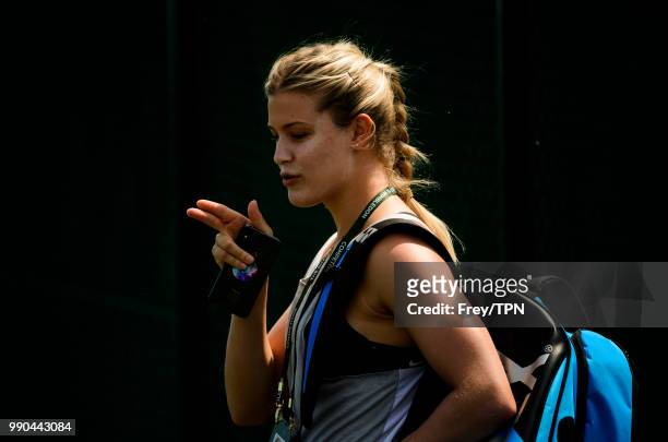 Eugenie Bouchard of Canada at the practice grounds before the start of the Championships at the All England Tennis and Croquet Club in Wimbledon on...