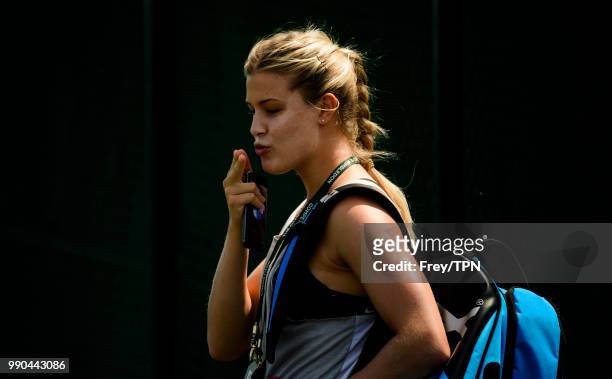Eugenie Bouchard of Canada at the practice grounds before the start of the Championships at the All England Tennis and Croquet Club in Wimbledon on...