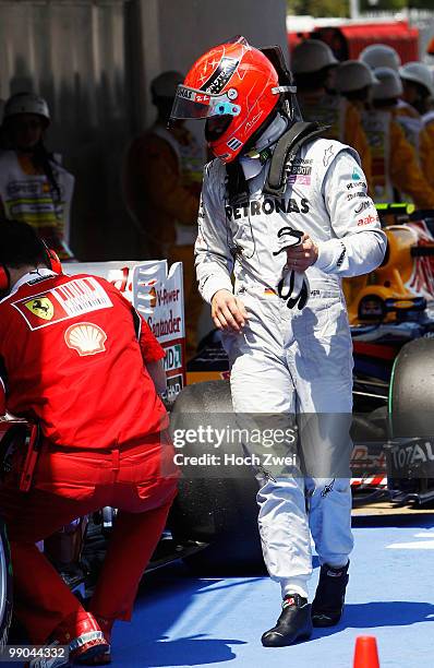 Michael Schumacher of Germany and Mercedes GP is seen during the Spanish Formula One Grand Prix at the Circuit de Catalunya on May 9, 2010 in...