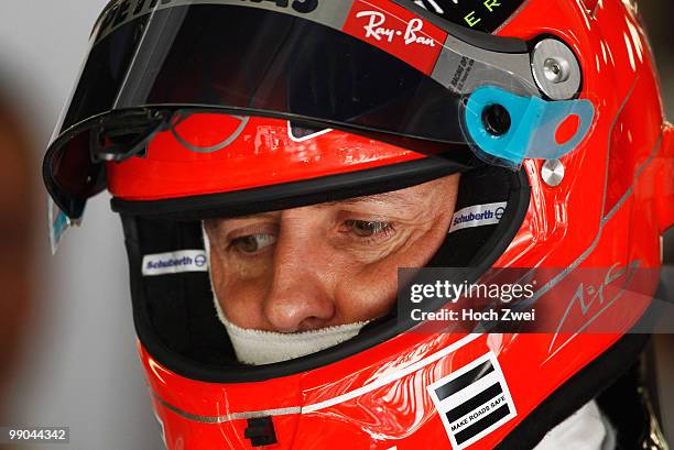 Michael Schumacher of Germany and Mercedes GP is seen during the Spanish Formula One Grand Prix at the Circuit de Catalunya on May 9, 2010 in...