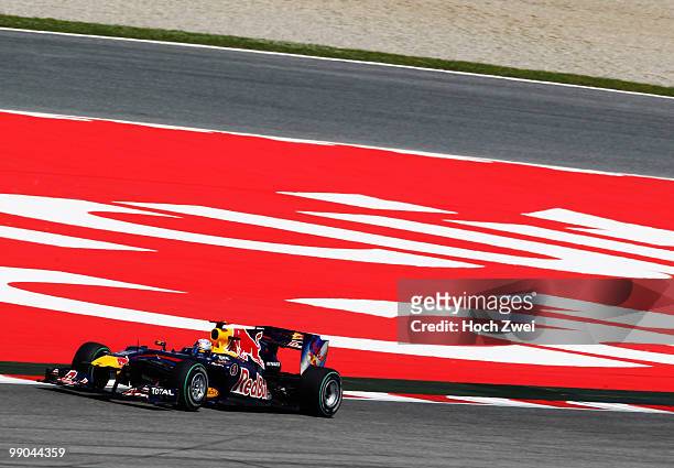 Sebastian Vettel of Germany and Red Bull Racing drives during the Spanish Formula One Grand Prix at the Circuit de Catalunya on May 9, 2010 in...