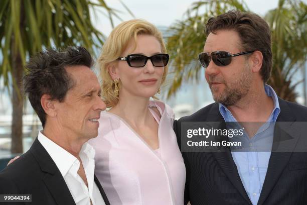 Producer Brian Grazer, actress Cate Blanchett and actor Russell Crowe attend the "Robin Hood" Photocall at the Palais des Festivals during the 63rd...