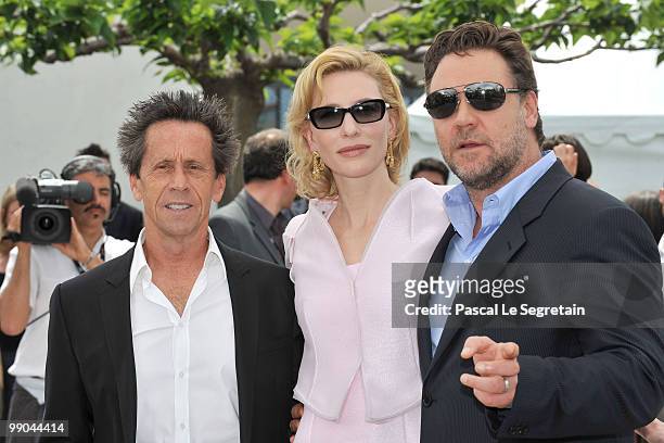 Producer Brian Grazer, actress Cate Blanchett and actor Russell Crowe attend the "Robin Hood" Photocall at the Palais des Festivals during the 63rd...