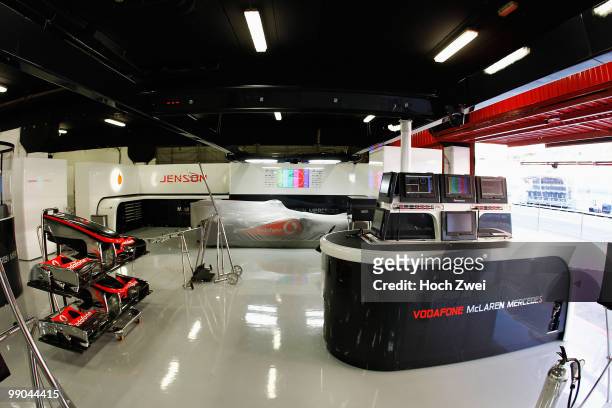 General view in the McLaren Mercedes garage before the Spanish Formula One Grand Prix at the Circuit de Catalunya on May 9, 2010 in Barcelona, Spain.