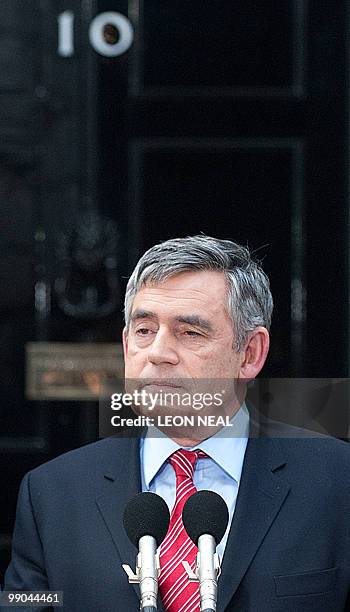 Leader of Britain's Labour Party, Gordon Brown, announces his resignation as Prime Minister at 10 Downing Street, central London, on May 11, 2010....