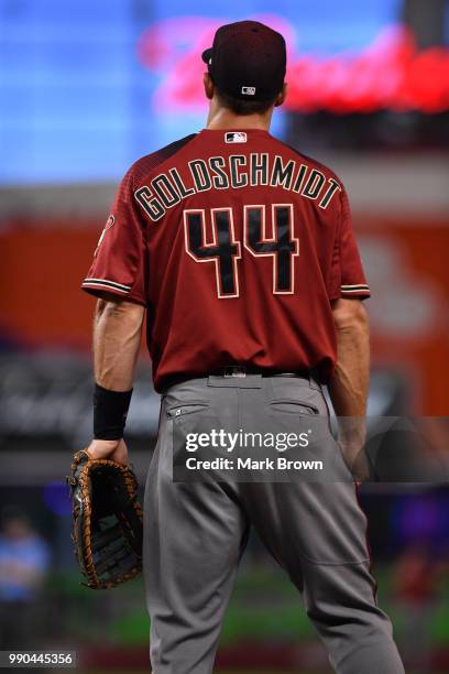 Paul Goldschmidt of the Arizona Diamondbacks in action during the game against the Miami Marlins at Marlins Park on June 27, 2018 in Miami, Florida.