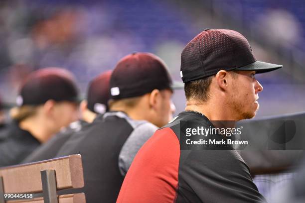 Clay Buchholz of the Arizona Diamondbacks in the dugout during the game against the Miami Marlins at Marlins Park on June 27, 2018 in Miami, Florida.