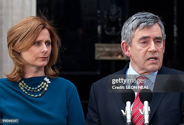 Leader of Britain's Labour Party, Gordon Brown, and his wife Sarah, announce his resignation as Prime Minister in central London, on May 11, 2010....