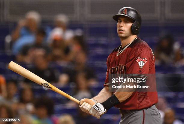 Paul Goldschmidt of the Arizona Diamondbacks in action during the game against the Miami Marlins at Marlins Park on June 27, 2018 in Miami, Florida.