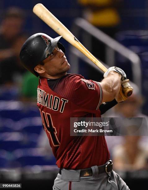 Paul Goldschmidt of the Arizona Diamondbacks in action during the game against the Miami Marlins at Marlins Park on June 27, 2018 in Miami, Florida.