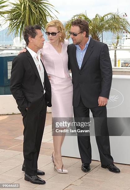 Producer Brian Grazer, Actress Cate Blanchett and Actor Russell Crowe attends the "Robin Hood" Photocall at the Palais des Festivals during the 63rd...