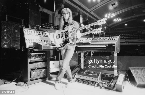 Bassist Geddy Lee, of Canadian progressive rock band Rush, with a double-necked Rickenbacker guitar/bass, during a soundcheck at the De Montfort...