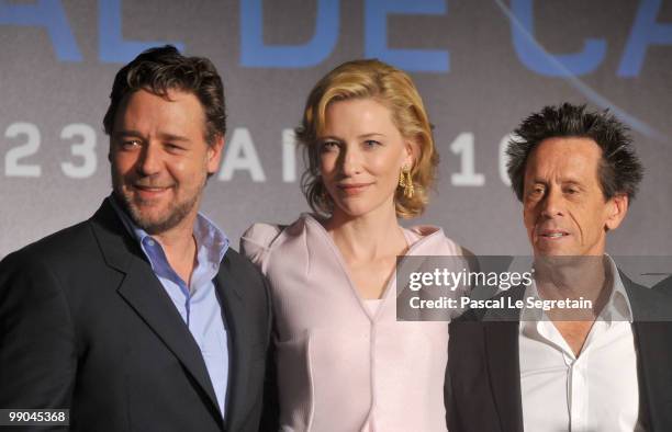 Producer Brian Grazer, actress Cate Blanchett and actor Russell Crowe attends the "Robin Hood" Press Conference at the Palais des Festivals during...