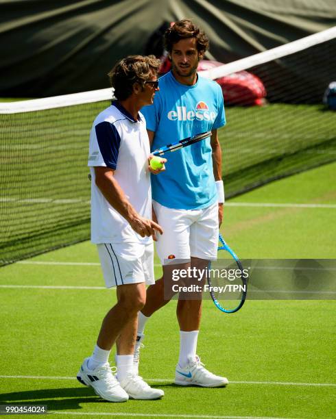 Feliciano Lopez of Spain practices before the start of the Championships at the All England Tennis and Croquet Club in Wimbledon on July 1, 2018 in...