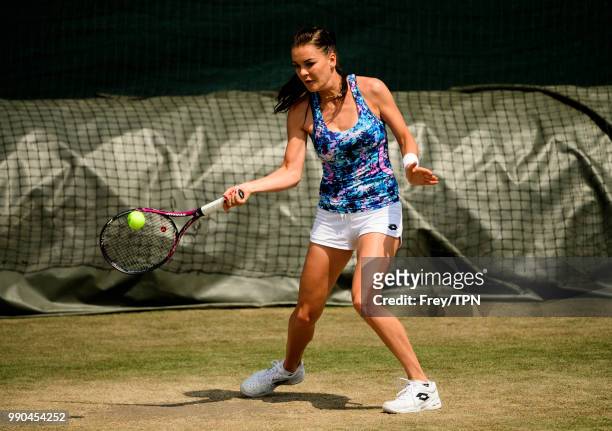Agnieszka Radwanska of Poland practices before the start of the Championships at the All England Tennis and Croquet Club in Wimbledon on July 1, 2018...