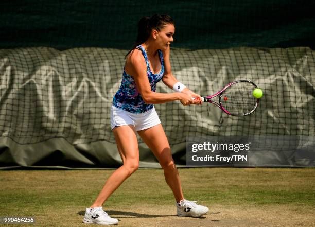 Agnieszka Radwanska of Poland practices before the start of the Championships at the All England Tennis and Croquet Club in Wimbledon on July 1, 2018...