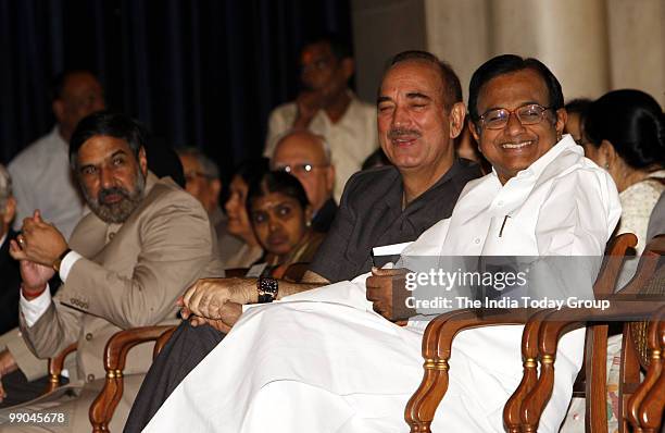 Commerce Minister Anand Sharma, Health Minister Ghulam Nabi Azad and Home Minister P. Chidambaram at the swearing-in ceremony of Justice S.H. Kapadia...