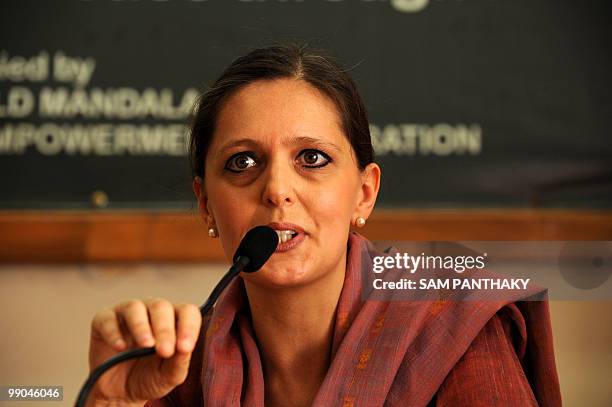 Director of OraWorldMandala - Sonia Deott gestures as she addresses media representatives at the Gujarat Vidhyapith in Ahmedabad on May 12, 2010. Ora...