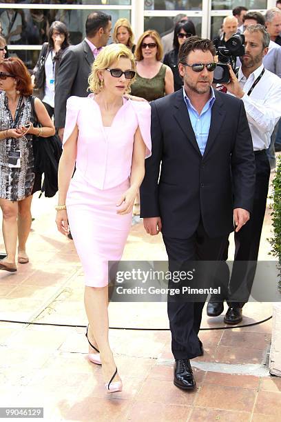 Actors Cate Blanchett and Russell Crowe attend the 'Robin Hood' Photocall held at the Palais Des Festivals during the 63rd Annual International...