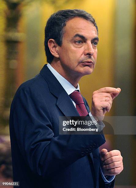 Jose Luis Rodriquez Zapatero, Spain's prime minister, gestures as he speaks to parliament in Madrid, Spain, on Wednesday, May 12, 2010. Spain will...