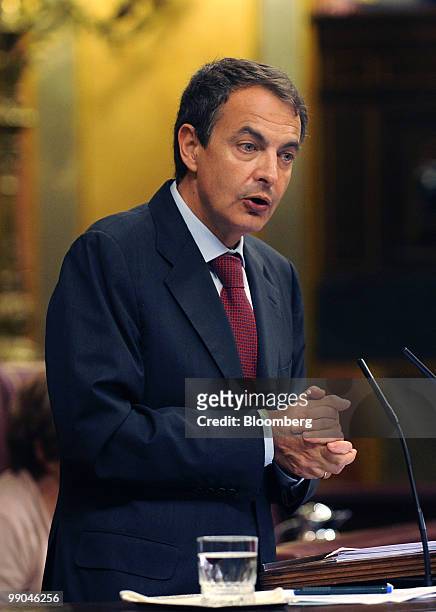 Jose Luis Rodriquez Zapatero, Spain's prime minister, speaks to parliament in Madrid, Spain, on Wednesday, May 12, 2010. Spain will reduce public...