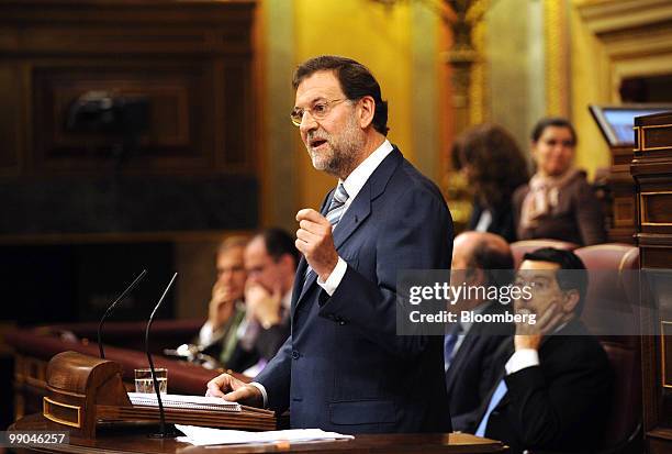 Mariano Rajoy, leader of Spain's Popular Party, speaks to the Spanish parliament in Madrid, Spain, on Wednesday, May 12, 2010. Spain will reduce...