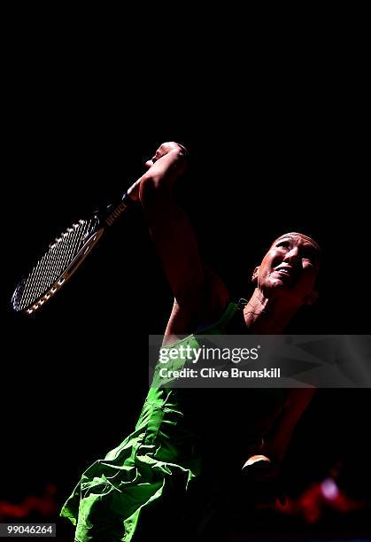 Jelena Jankovic of Serbia serves against Ana Ivanovic of Serbia in their second round match during the Mutua Madrilena Madrid Open tennis tournament...