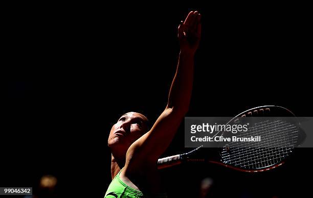 Jelena Jankovic of Serbia serves against Ana Ivanovic of Serbia in their second round match during the Mutua Madrilena Madrid Open tennis tournament...