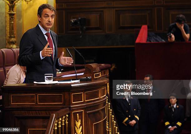 Jose Luis Rodriquez Zapatero, Spain's prime minister, gestures as he speaks to parliament in Madrid, Spain, on Wednesday, May 12, 2010. Spain will...