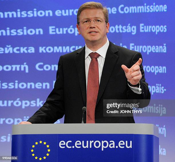 Enlargement commissioner Stefan Fuele gives a joint press on neighbourhood policy at the EU headquarters in Brussels on May 12, 2010. AFP PHOTO JOHN...