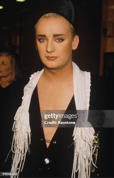 Boy George attending a charity auction, in aid of Aids Crisis Fund, at Christie's in London, Great Britain, 1 June 1987.