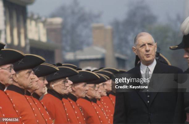 Charles de Gaulle , French President, inspecting the Chelsea Pensioners in London during a state visit to Great Britain, April 1960.