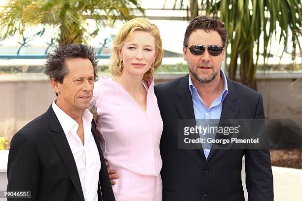 Producer Brian Grazer, actress Cate Blanchett and actor Russell Crowe attend the 'Robin Hood' Photocall held at the Palais Des Festivals during the...